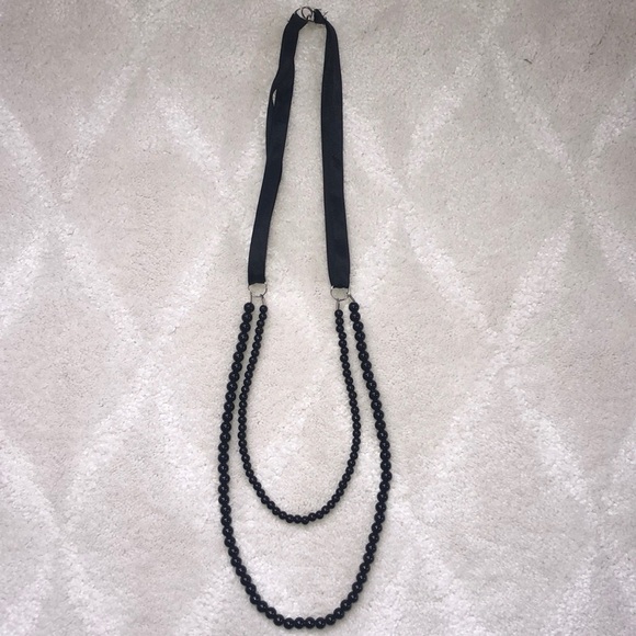 Black Bead And Ribbon Necklace - Picture 1 of 3